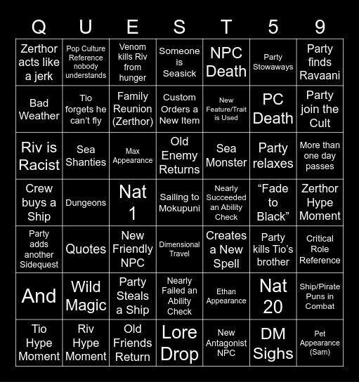 Questicles Session 59 Bingo Card