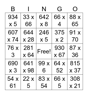 Multiplication Bingo 2 Bingo Card