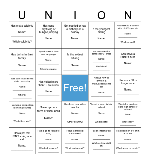 Union Bingo Card