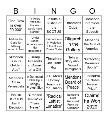 Trump State of the Union 2026 Bingo Card