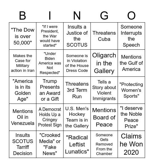 Trump State of the Union 2026 Bingo Card