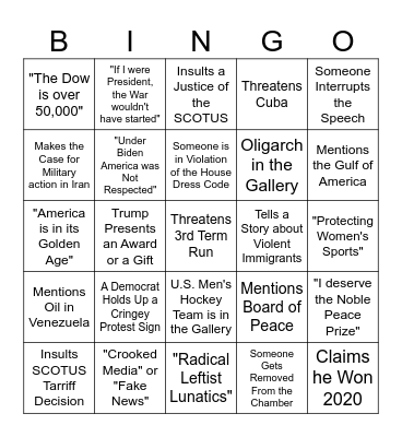 Trump State of the Union 2026 Bingo Card