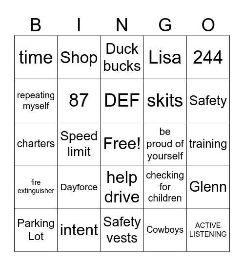 Safety Meeting Bingo Card