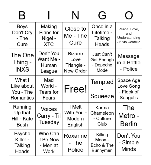 New Wave Bingo Card