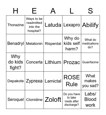 Psychiatric Medication Bingo Card