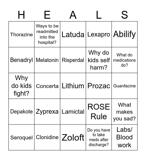 Psychiatric Medication Bingo Card