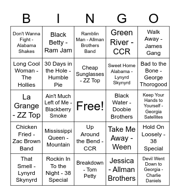 Southern Rock Bingo Card