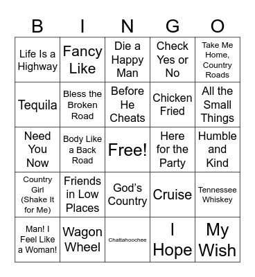 Country Music Bingo Card