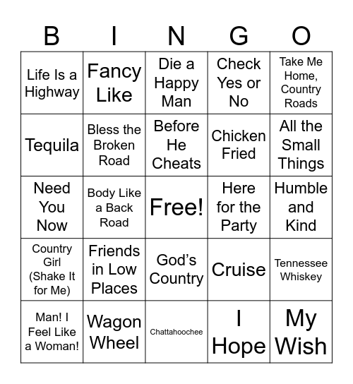 Country Music Bingo Card