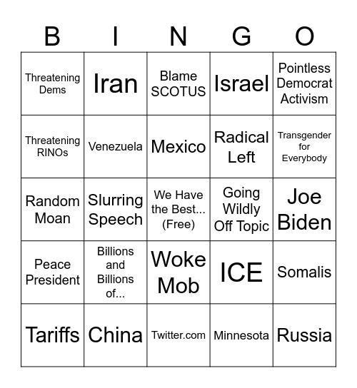 State of the Union 2026 Bingo Card