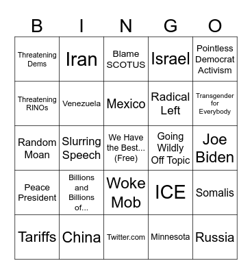 State of the Union 2026 Bingo Card