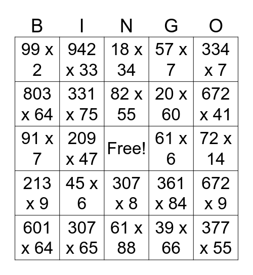 Multiplication Bingo 4 Bingo Card