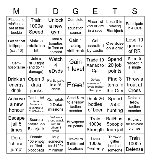 Mechanized Midget's Bingo Card