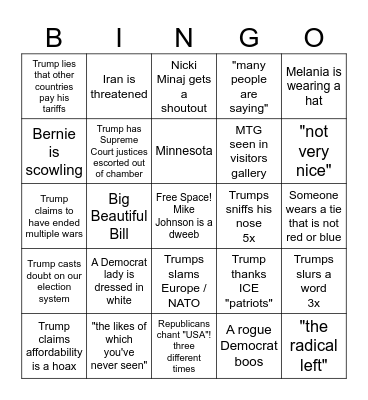 State of the Union Bingo! Bingo Card