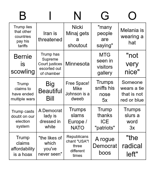 State of the Union Bingo! Bingo Card
