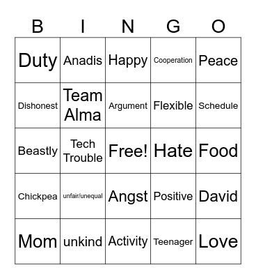Family Reunification Bingo Card