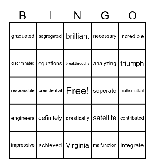 A Hidden Figure Bingo Card
