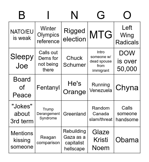 SOTU 2026 Bingo Card