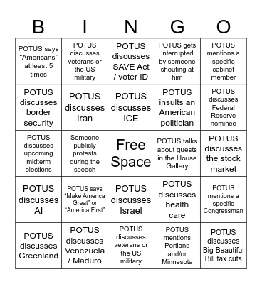 State of the Union Bingo Card