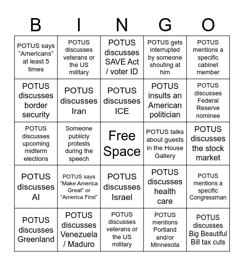 State of the Union Bingo Card