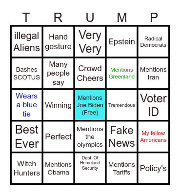 State of the union Bingo Card