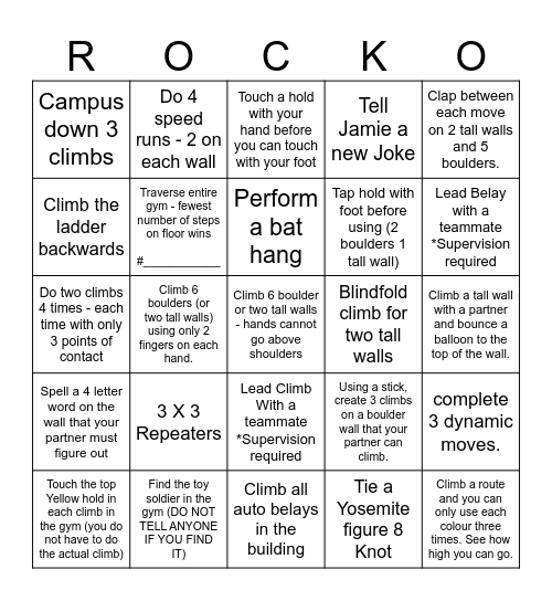 Rock Climbing Bingo Card