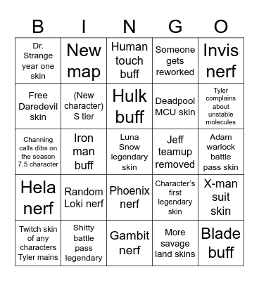 Marvel Rivals Season 7.0/7.5 Predictions Bingo Card