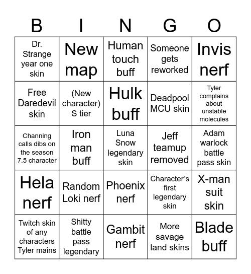 Marvel Rivals Season 7.0/7.5 Predictions Bingo Card
