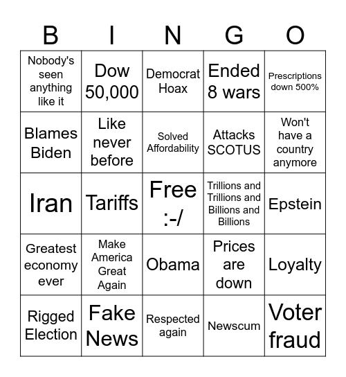 State of the "Union" Bingo Card
