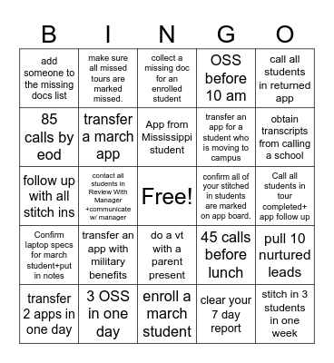 Admissions Bingo Card