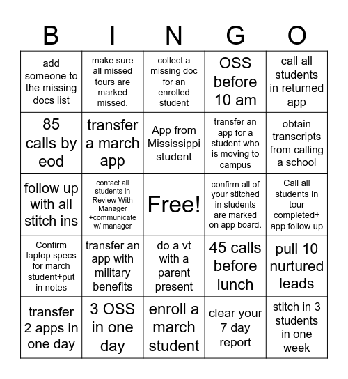 Admissions Bingo Card
