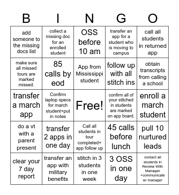 Admissions Bingo Card