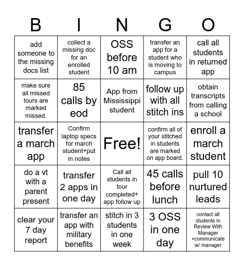 Admissions Bingo Card