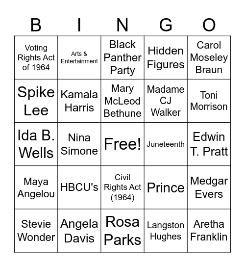Black History Month Trivia Bingo Card