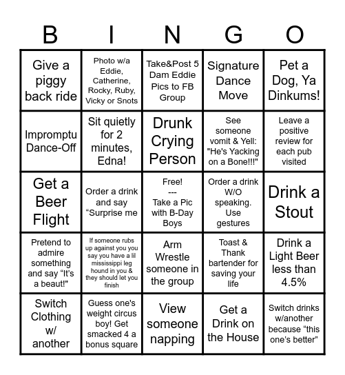SCOTT & THOM's SHENANIGANS: Cousin Eddie Bingo Card Birthday Pub Crawl Bingo Card