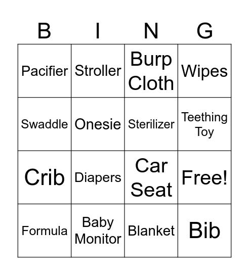 Baby Things Bingo Card