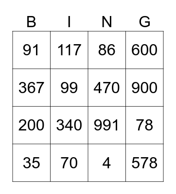 Numbers Bingo Card