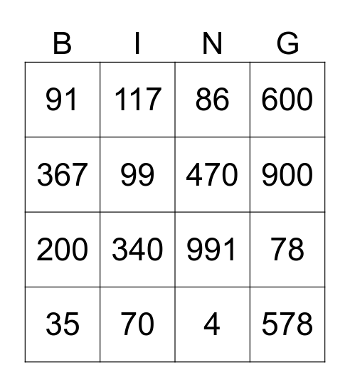 Numbers Bingo Card