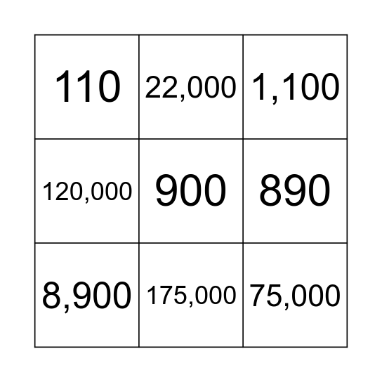 Hundreds and Thousands Bingo Card