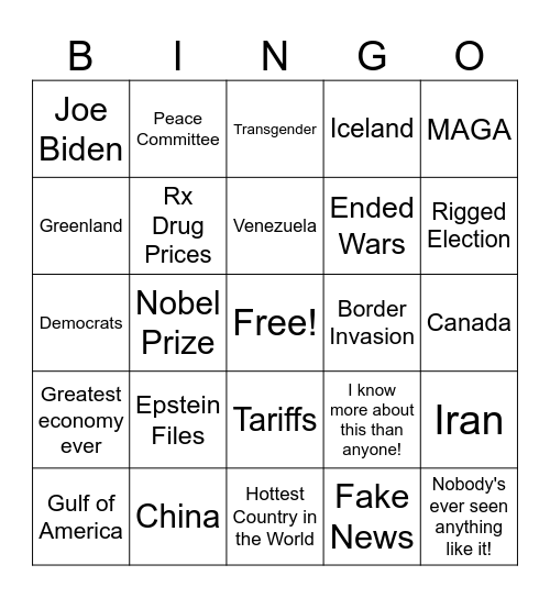 Dumbass' State of the Union Address Bingo Card