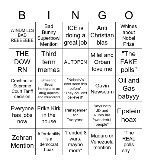 State of the Union 2026 Bingo Card