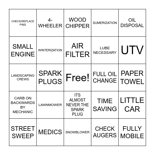MOBILE SMALL ENGINE MEDIC Bingo Card