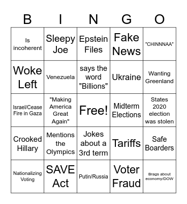 SOTU Address 2026 Bingo Card