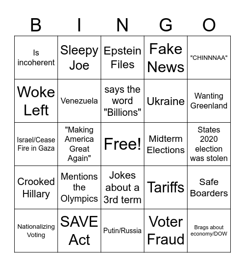 SOTU Address 2026 Bingo Card