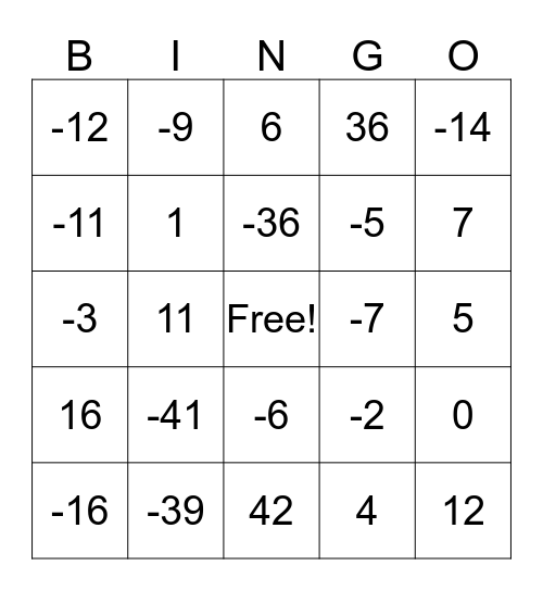 Integers Bingo Card