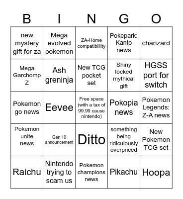 Pokemon Direct Bingo Card