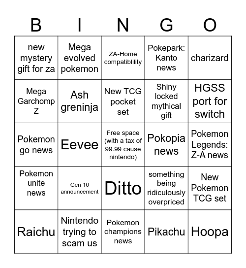 Pokemon Direct Bingo Card