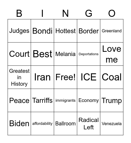 2026 State of the Union Address Bingo Card