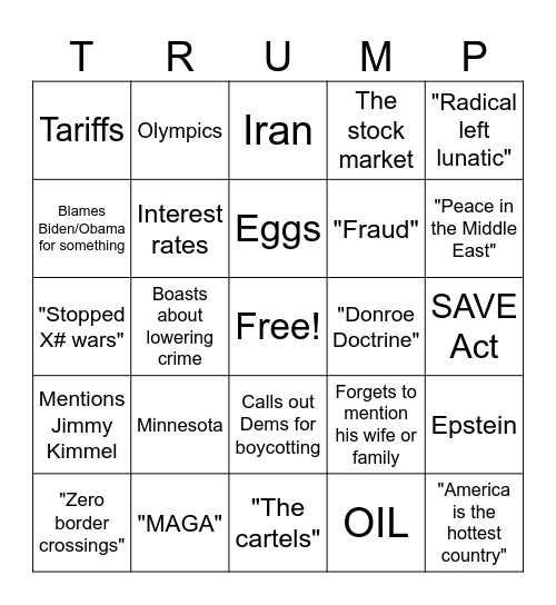 2026 SOTU Bingo Card