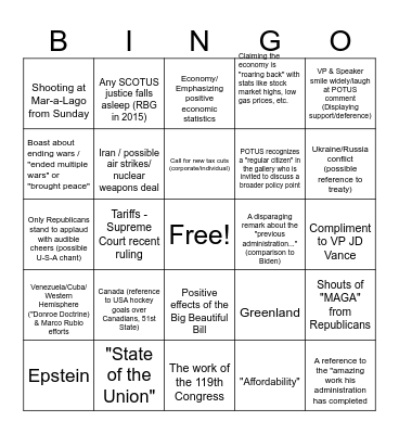 State of the Union 2026 Bingo Card